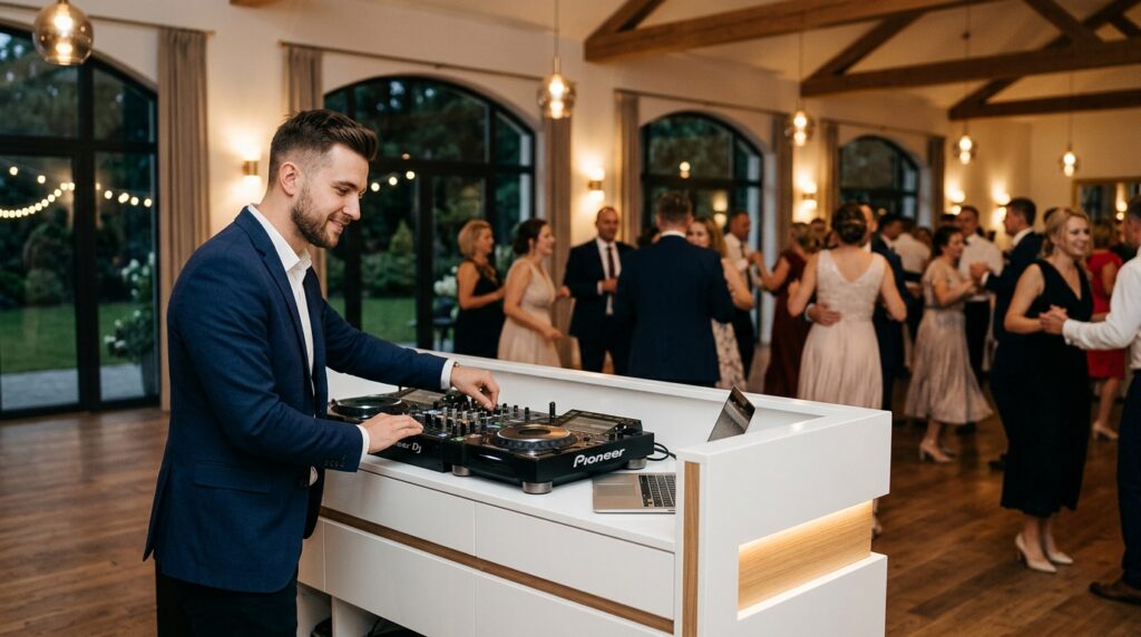 DJ prowadzący eleganckie wesele podczas zabawy na parkiecie