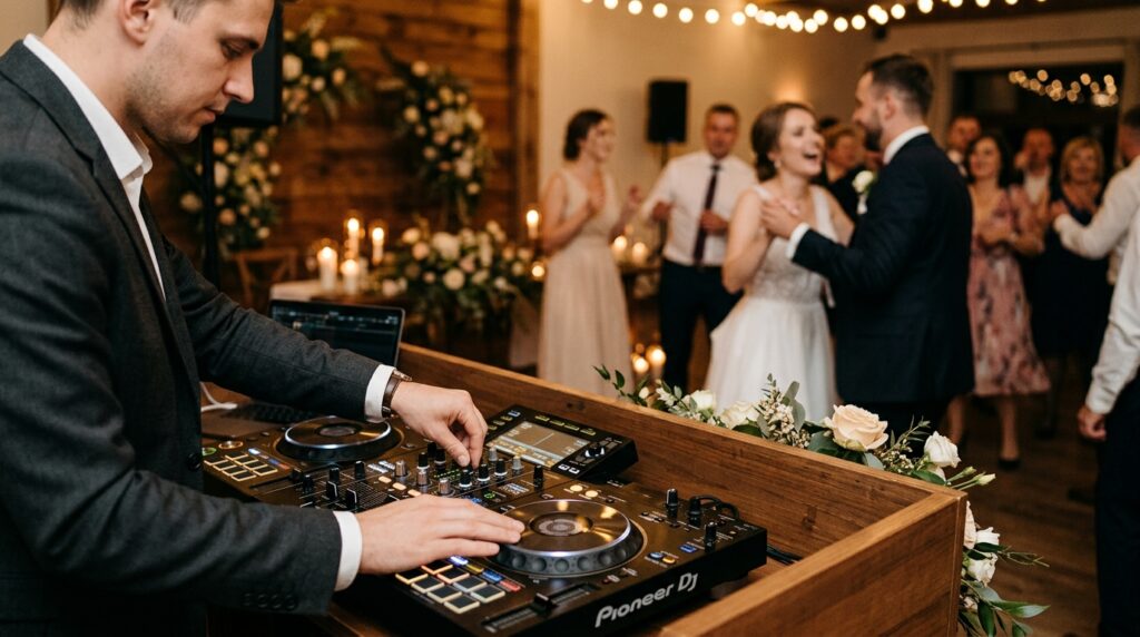 DJ prowadzący wesele przy konsoli podczas zabawy na parkiecie